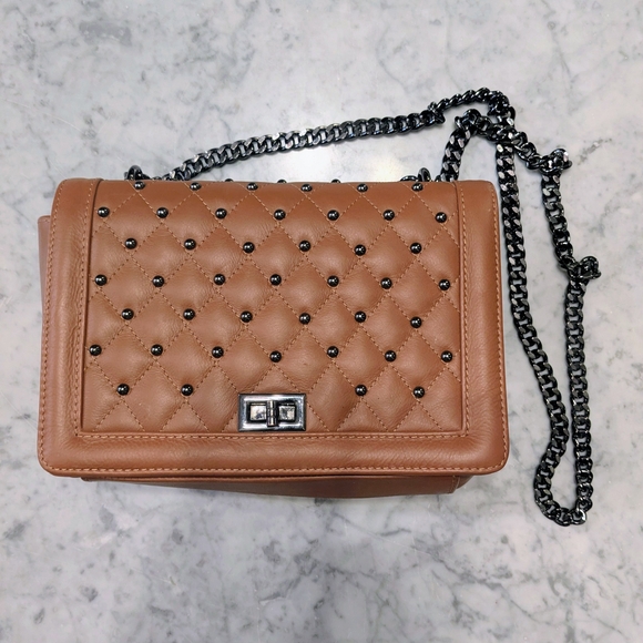 Italian Studded Leather Tan and Gunmetal Crossbody Bag - Picture 1 of 10